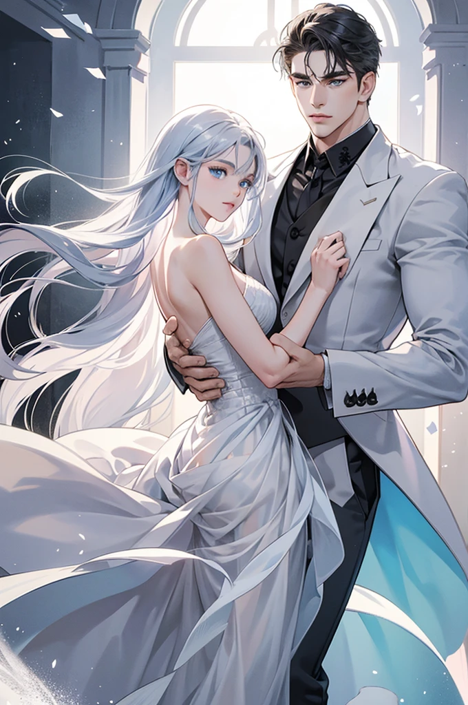 ke (((1male white hair people:Piercing in the left ear,、tall、tall、Tall、a handsome、refreshing、burly)))、(((1female blue hair:Long、short、Best style、F-cup、See-through sexy dress、Beautuful Women)))、((((a couple))))、{(Best Quality, 8K, masutepiece, nffsw, Soft lighting, image perfect, Digital Illustration, manhwa art, super detailed image, Perfect lines, )} พื้นหลังโบสถ์