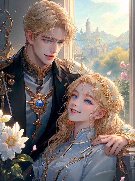 (Ridiculous, high resolution, Extremely detailed, original characters, high dynamic range), 1 boy, alone, adult, handsome, ((tall muscular man, Broad shoulders)), delicate eyes, ((short fluffy blonde hair)), hair between the eyes, forehead, ice blue eyes, magic spells, fantasy armor, The clothes are tight., sword, (Portrait), Face focus, Fairytale colorful forest landscape, Colorful light, colorful trees, fantasy greek castle, Long face, shut your mouth, Turn away, depth of field