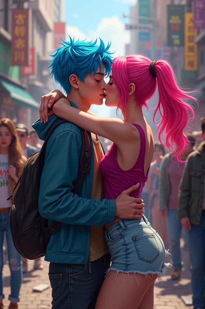 <lyco:kisslora:1> a colorful hair 1girl and 1man sat in a bench , kiss