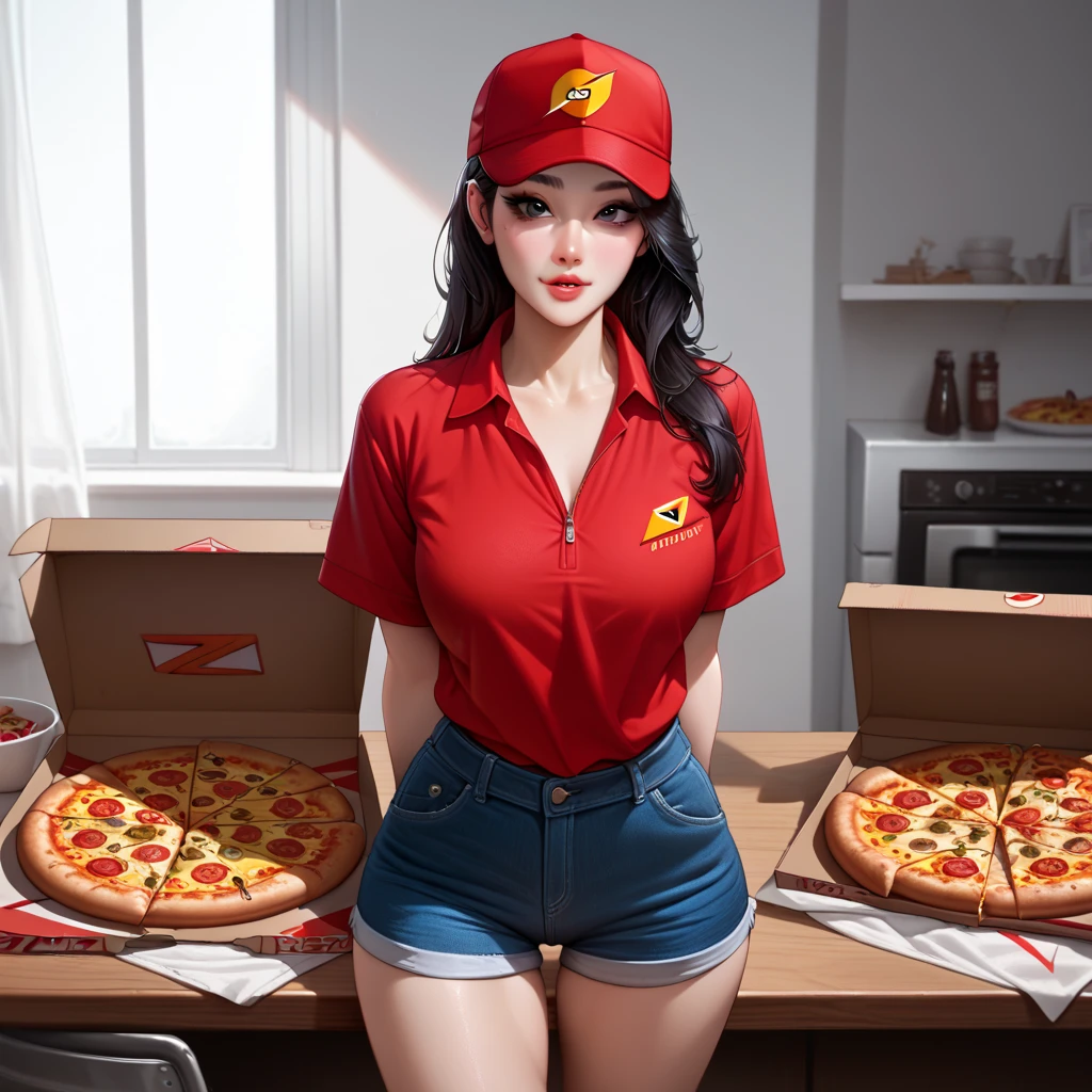 1girl, Korean, pizza delivery girl, long black hair, black eyes, red pizza delivery blouse, hands behind the back,  short denim shorts, pizza delivery cap, pizza on the table 