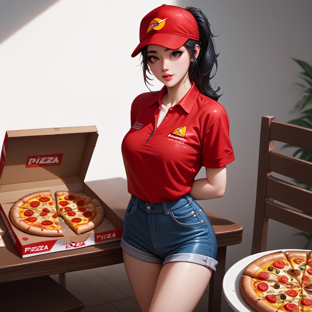 1girl, Korean, pizza delivery girl, long black hair, black eyes, red pizza delivery blouse, hands behind the back,  short denim shorts, pizza delivery cap, pizza on the table 