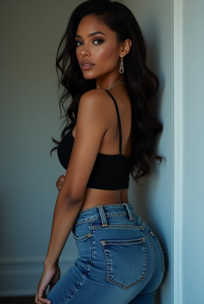Hyperrealistic close-up photo of Cardi B, chef-d'artwork, best quality, (photorealistic:1.4), Tout le corps, (revealing clothing:1.1), coiffure longue et bouclée noire, posing suggestively in a British pub, leaning on a table, day light, neon lights, cinematic light, belle femme, maigre, gros seins, corps et cul parfaits, Detailed face, visage souriant de salope, En regardant directement la caméra, photo prise de derrière
