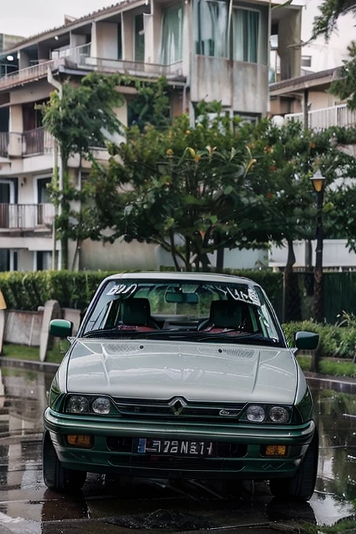 1997 Renault, green, white stripes, rainy conditions