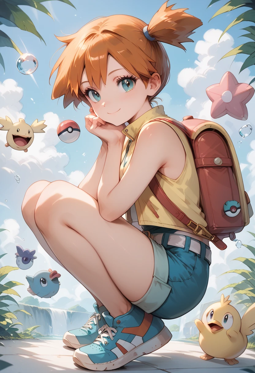 Misty_pokemon , orange hair, wearing a sleeveless shirt with a yellow hood, she also draws blue shorts with a white belt and pink buckle, blue sneakers, a very adorable Psyduck backpack
(insanely detailed, beautiful detailed face, masterpiece, best quality) 