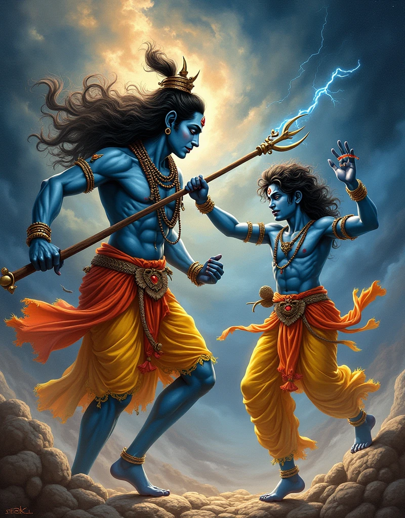 (photorealism:1.2), angry Vrigu Rishi kick with leg at lord narayan chest (who has blue skin tone) when he take rest at sesh nag