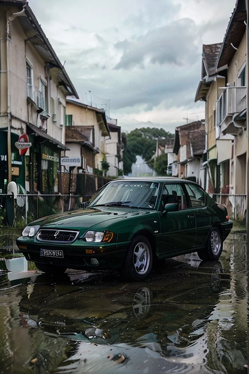 1997 Peugeot, green, white stripes, rainy conditions