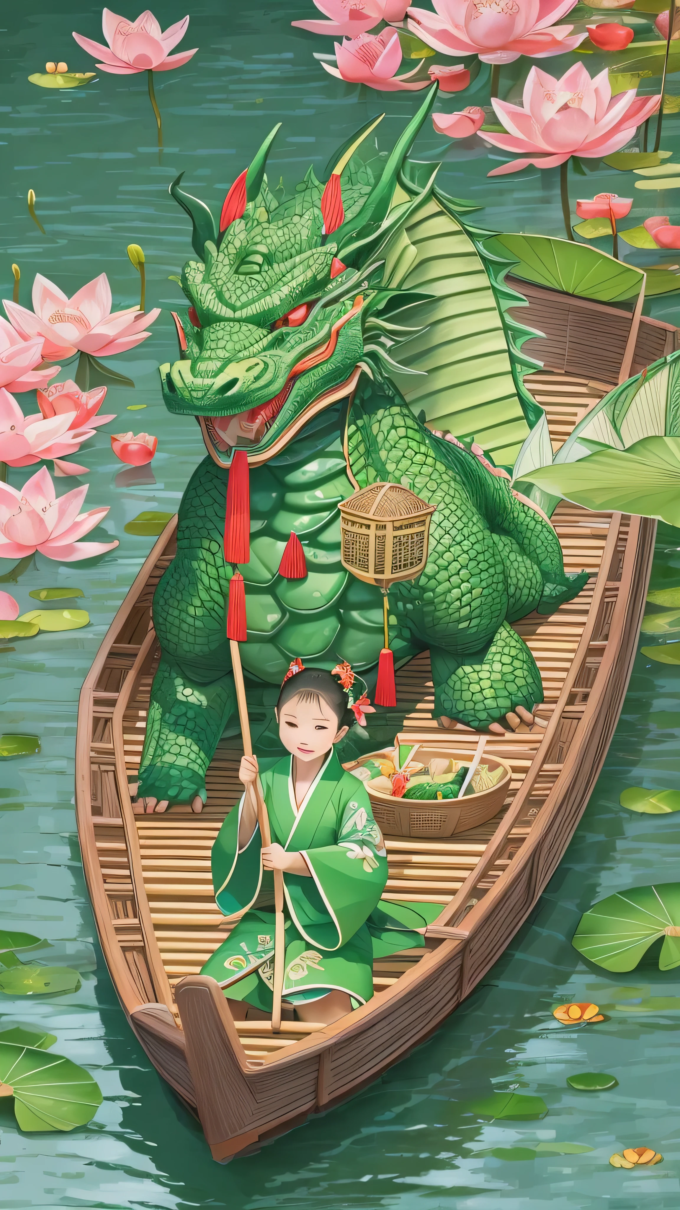  full body high definition image ,Dragon Boat Festival ,  There are 3 ren on the surface of the water wearing kimonos riding a dragon boat,  There are delicious rice dumplings on the boat , green zongzi are  super detailed ,  top quality ,  There are lotus leaves on the surface of the water ,  super detailed 