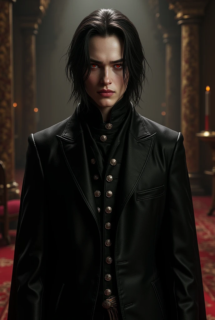 (one man:1.6), (Gorgeous 25 year old African American vampire mercenary), (Wavy short black hair:1.4), (caramel brown leather:1.4), (green eyes), (Wearing a red leather jacket, Black shirt with V-neck inside, and black skinny pants:1.4), (Castle altar at night by moonlight), (I stand elegantly in the throne room :1.4), centered, (Full length shot:1.4), from the foreground, crazy details, complex facial detail, Cinematic Shot & Lighting, Realistic and vibrant colors, masterpiece, sharp focus, ultra detailed, Shot with a DSLR camera, Realistic photography, depth of field, Incredibly realistic environment and scene, Master of Composition and Cinematography, perfect hands