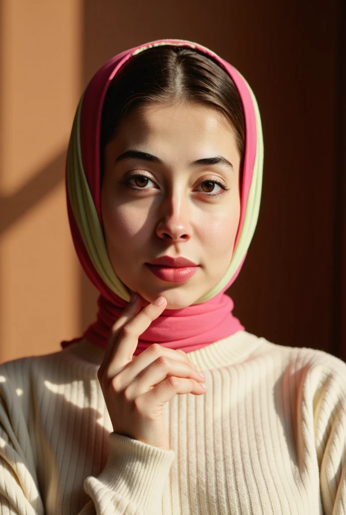 one real persian women, beautiful detailed eyes, beautiful detailed lips, extremely detailed face and skin, white skin, long hair, hijab, looking at camera, flowing colorful scarf, dramatic lighting, cinematic, serene expression, hyper realistic, photorealistic, 8k, high resolution, masterpiece, (best quality:1.2), (photorealistic:1.37), ultra-detailed, cinematic lighting, warm color palette, dramatic shadows, elegant, majestic, regal,8k, breast , ass, full body details