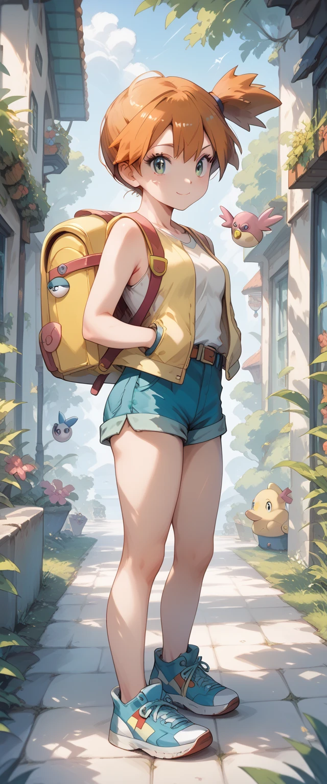 Misty_pokemon , orange hair, wearing a sleeveless shirt with a yellow hood, she also draws blue shorts with a white belt and pink buckle, blue sneakers, a very adorable Psyduck backpack
(insanely detailed, beautiful detailed face, masterpiece, best quality) 