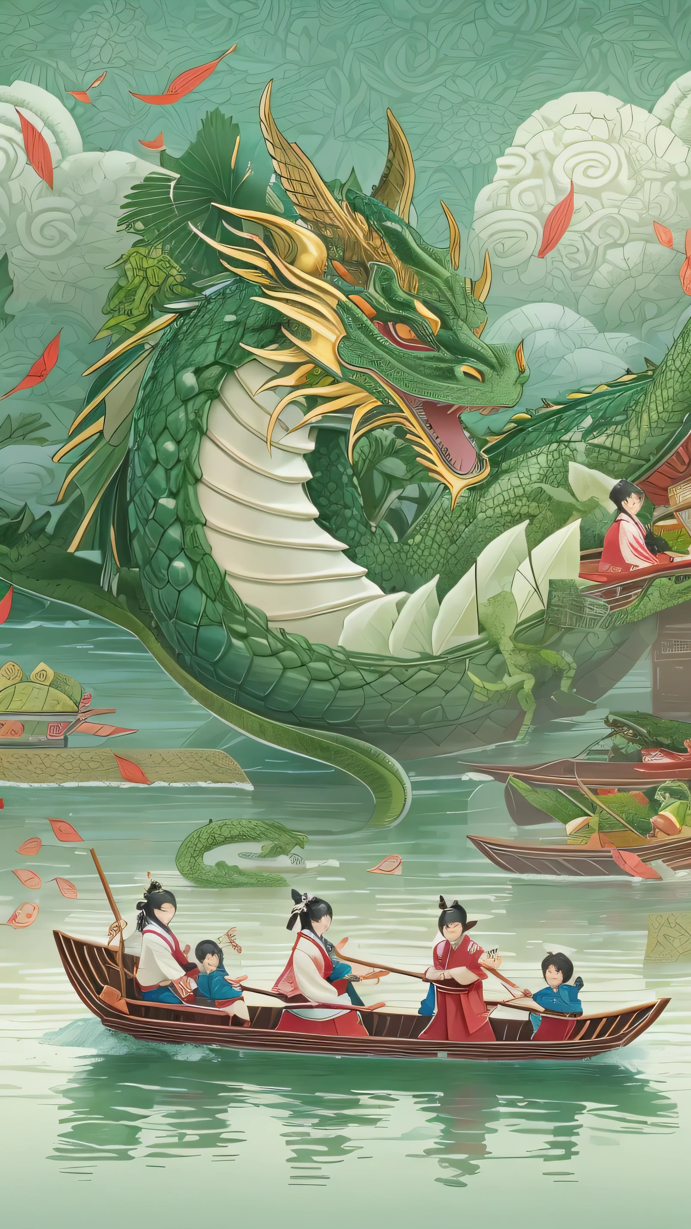  full body high definition image ,Dragon Boat Festival ,  There are 3 ren on the surface of the water wearing kimonos riding a dragon boat,  There are delicious rice dumplings on the boat , green zongzi are  super detailed ,  top quality ,  There are lotus leaves on the surface of the water ,  super detailed 