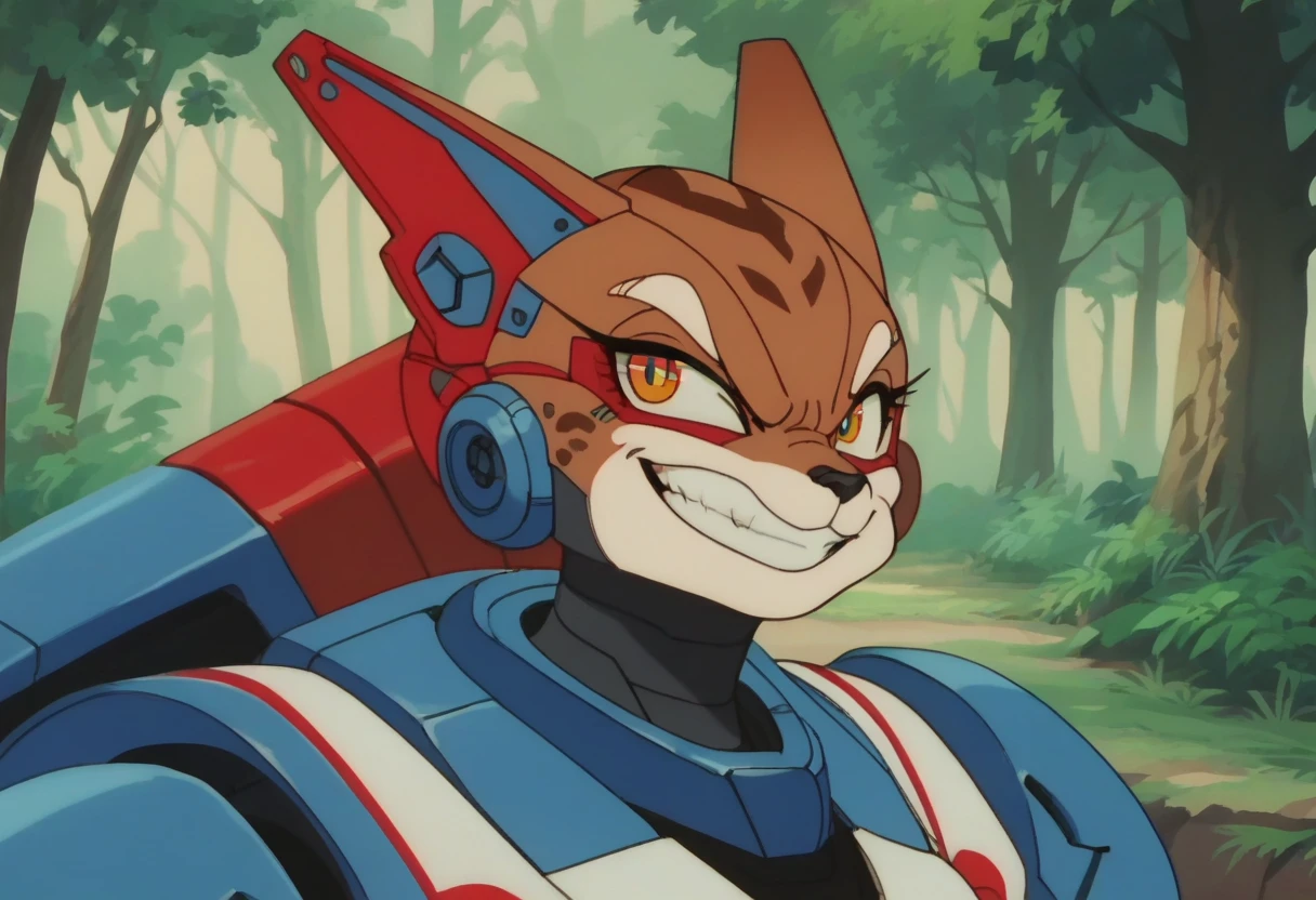 anime screencap,drgbls1, solo, anthro mecha mobian cat female, female,_9, score_8_up, score_7_up, score_6_up, forest, full mecha body, brown fur, confident grin, expressvie eyes,