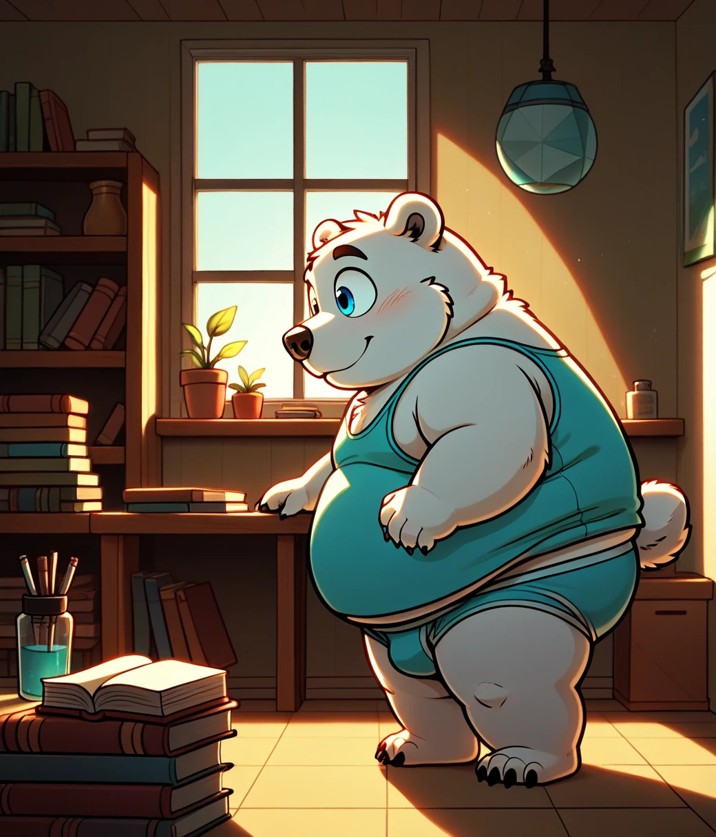 (cute, fat, obese, anthro, male, polar bear cub), shortstack, nude, ((cyan tank top, cyan briefs)), room, window, book shelf, table, sunlight, ambient lighting, full of effects, centered, dynamic, side view, hires textures, highly detailed, intricate details, best quality, masterpiece, detailxl