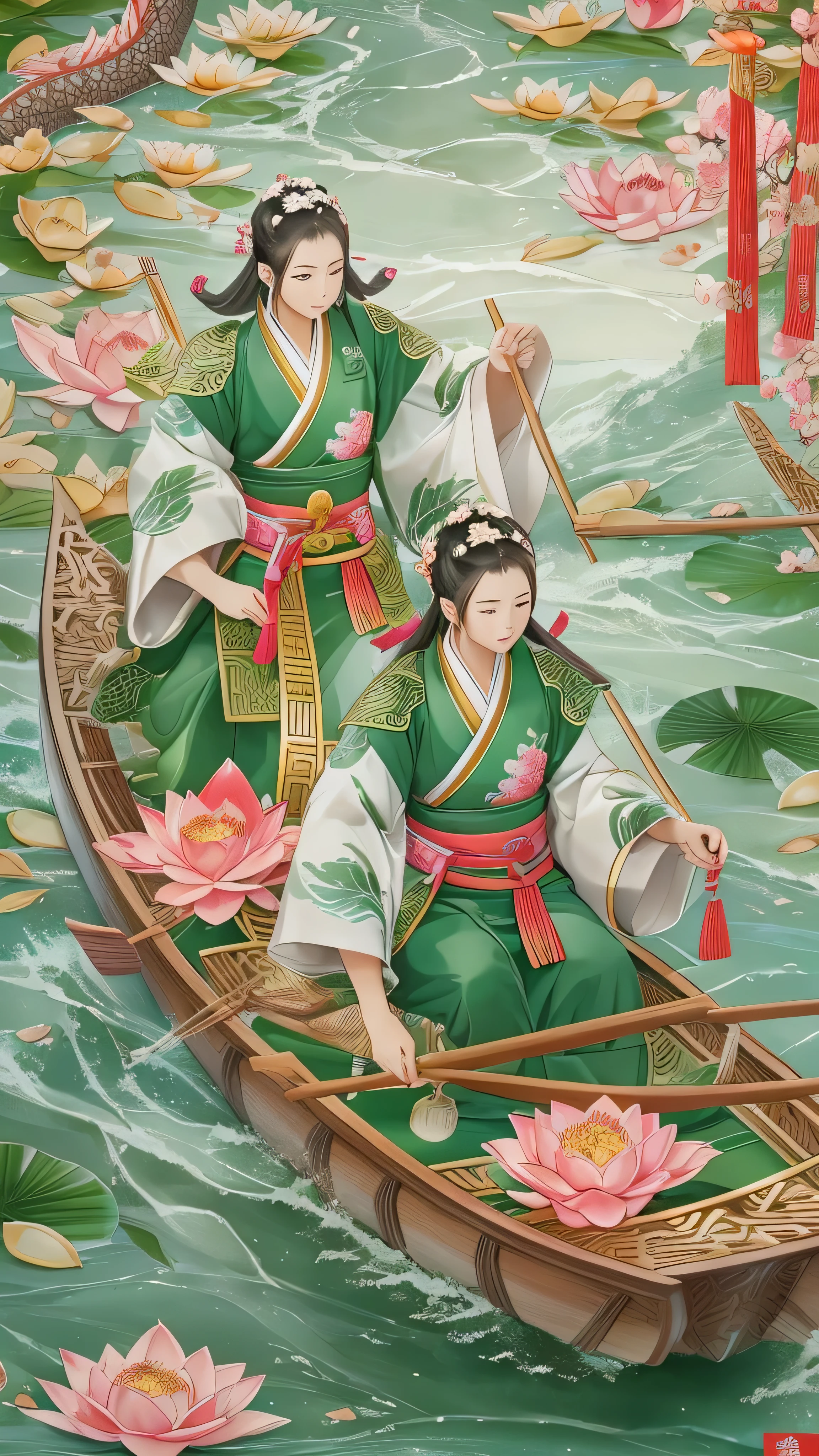  full body high definition image ,Dragon Boat Festival ,  There are 3 ren on the surface of the water wearing kimonos riding a dragon boat,  There are delicious rice dumplings on the boat , green zongzi are  super detailed ,  top quality ,  There are lotus leaves on the surface of the water ,  super detailed 