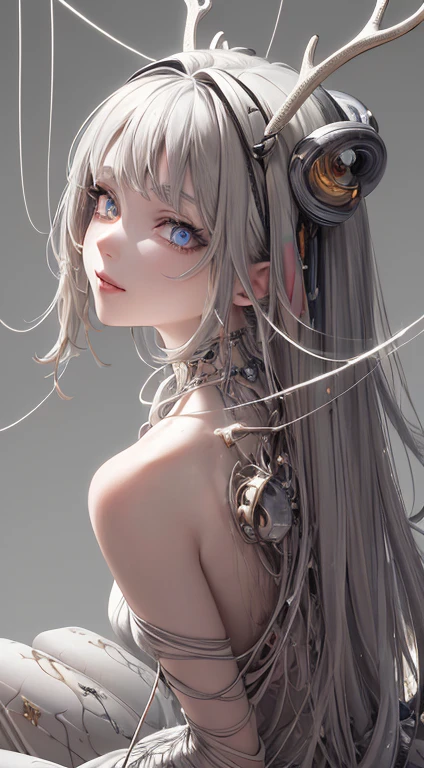 Best, Masterpiece, High Resolution, Best Quality, Ultra HD, Super Detail, Award-Standing, 16k, (Upper Body), Anatomically Correct, Beautiful Maiden, Gray Hair, Hair Strands, ((Fire Opal-like Heterochromic Pupils)), Hanging Eye Corners, Fair Skin, (Small), (Slim Body), ((Jumpsuit)), Stud Earrings, (Neck Ring),