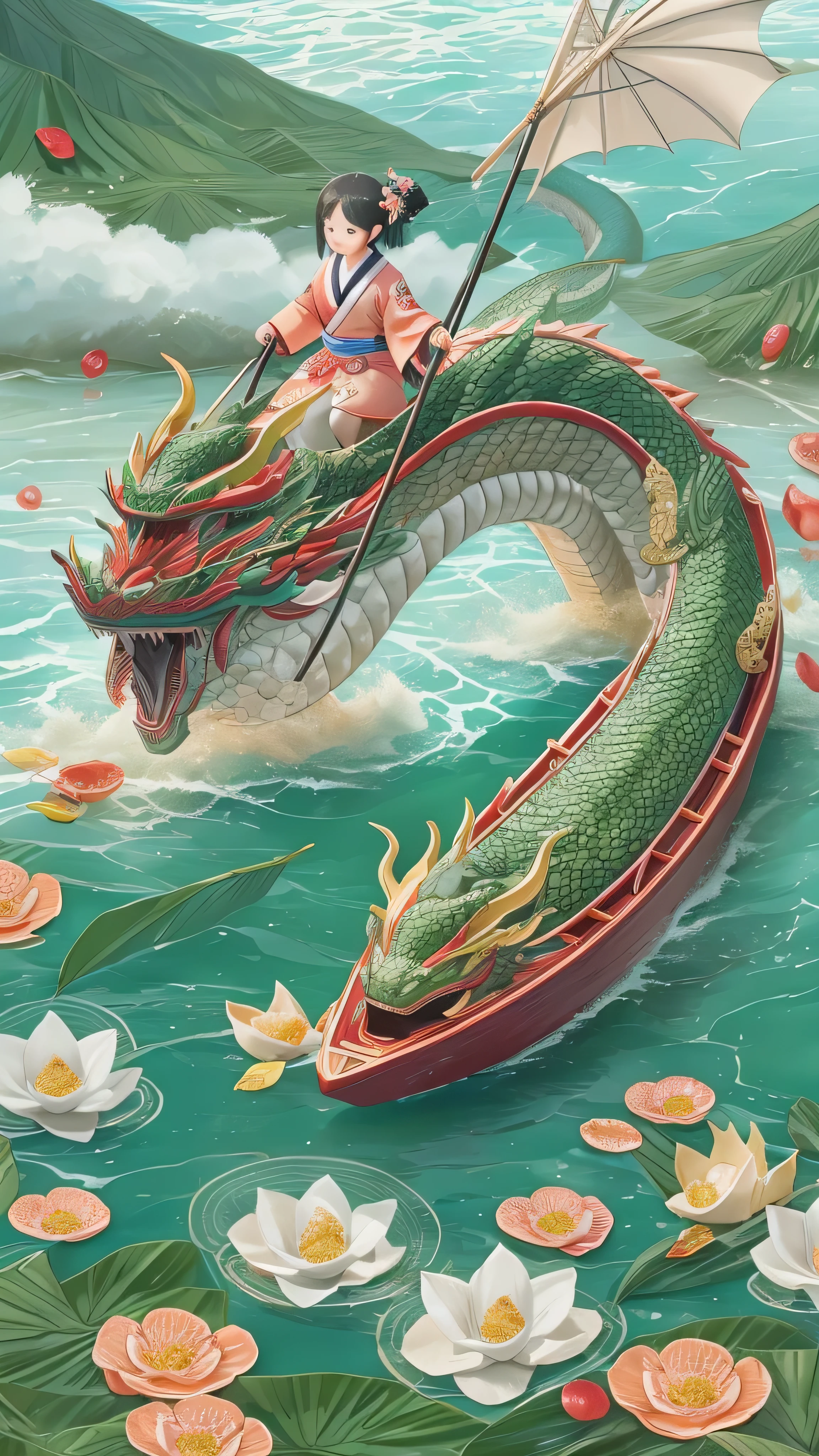  full body high definition image ,Dragon Boat Festival ,  There are 3 ren on the surface of the water wearing kimonos riding a dragon boat,  There are delicious rice dumplings on the boat , green zongzi are  super detailed ,  top quality ,  There are lotus leaves on the surface of the water ,  super detailed 