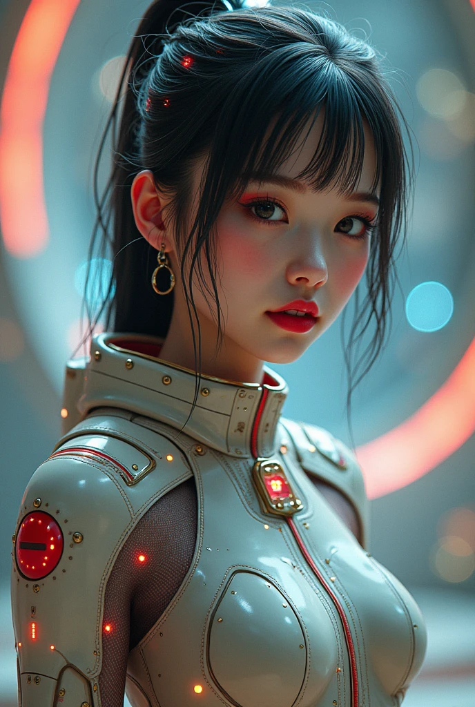 (masterpiece, highest quality, Highest image quality, High resolution, photorealistic, Raw photo, Extremely detailed CG unified 8k wallpaper)), Asian sexy small breasts woman , A Create a photo of a young girl, 13yearold, 1 white girl, red lipstick, (cute), lipgloss, (flat!!!! tiny!!!! chest), (huge stunning goddess shot, very hot and sexy, jaw-dropping beauty, perfect proportions, beautiful body, medium breast, slim body beauty:1.4), Pilgrim nuns , looking at the viewer, ,body suit, astronaut, spaceship pilot, cyborg, retro futuristic, mystical, psychedelic, detailed, female, futuristic cyberpunk, modern art nouveau background, 