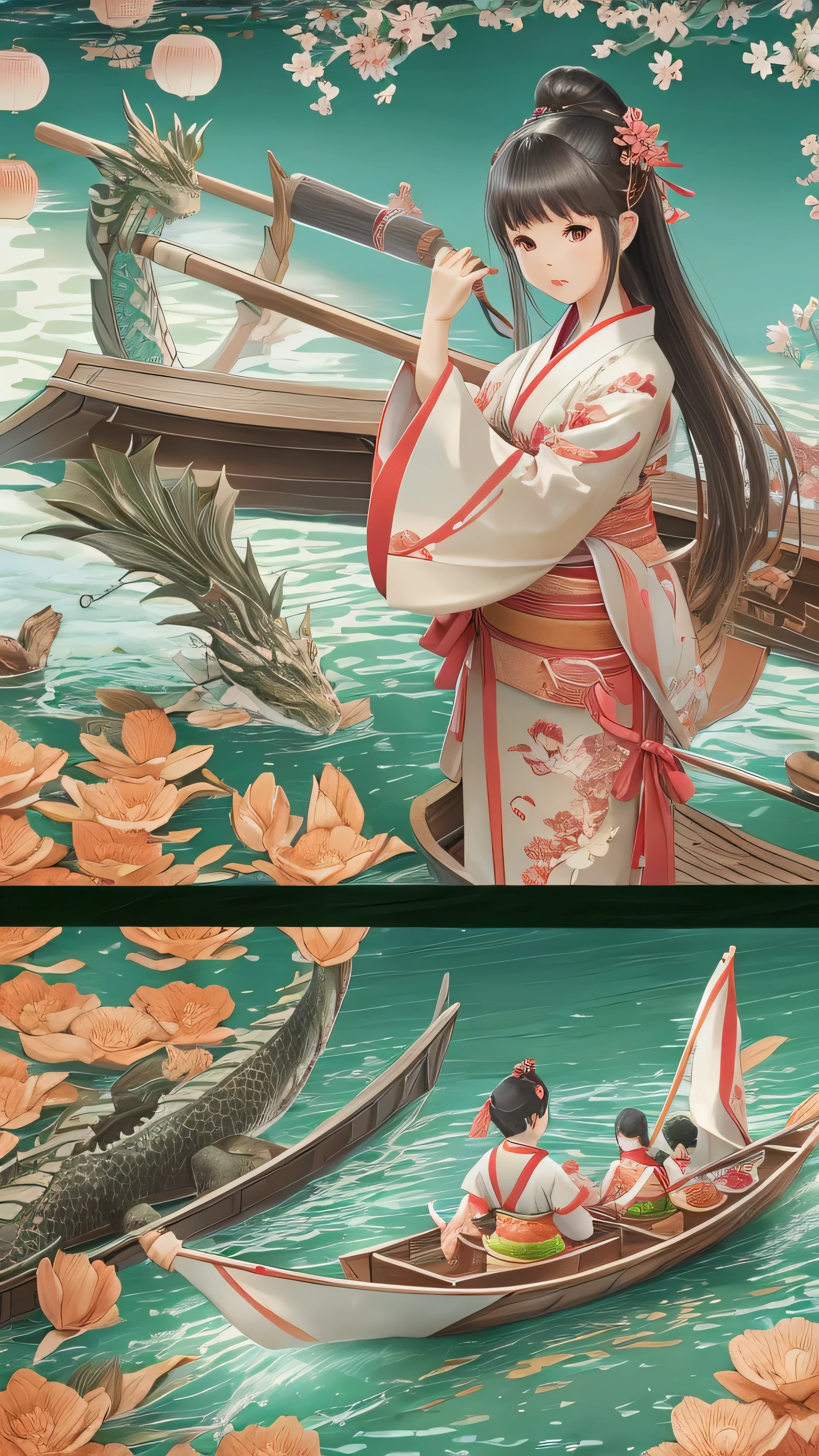  full body high definition image ,Dragon Boat Festival ,  There are 3 ren on the surface of the water wearing kimonos riding a dragon boat,  There are delicious rice dumplings on the boat , green zongzi are  super detailed ,  top quality , There are peach blossoms on the surface of the water,  super detailed 