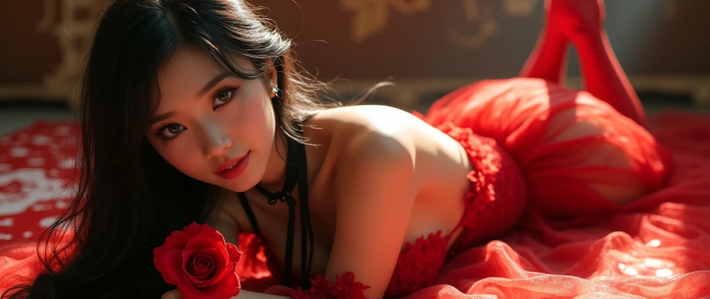 Red kimono open shoulders open legs beautiful breasts stockings black background red rose petals lace fan wind bottom view 