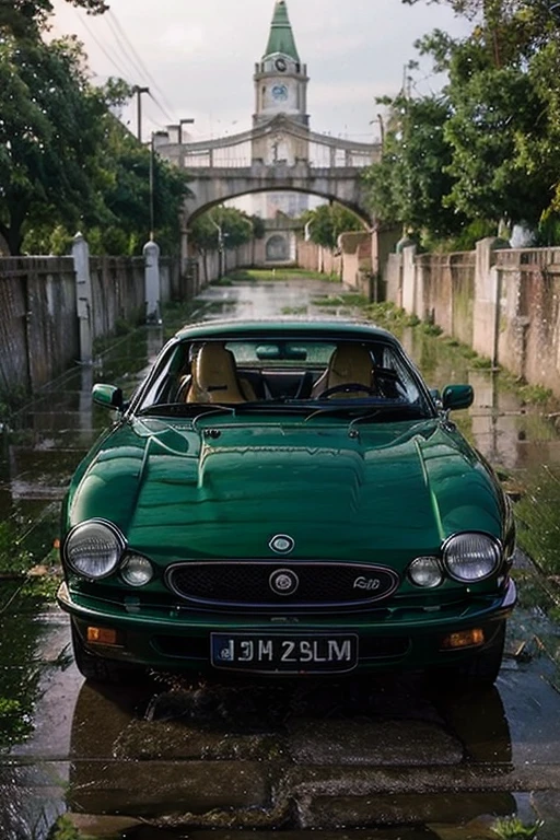 1997 Jaguar, green, white stripes, rainy conditions