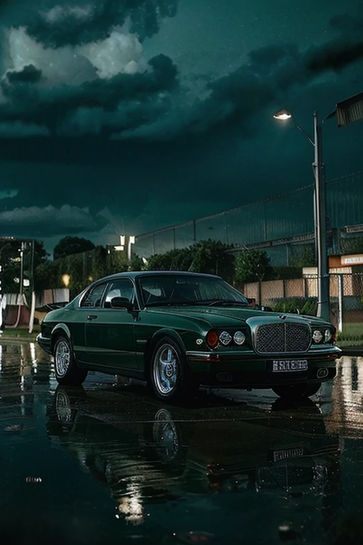 1997 Bentley, green, white stripes, rainy conditions