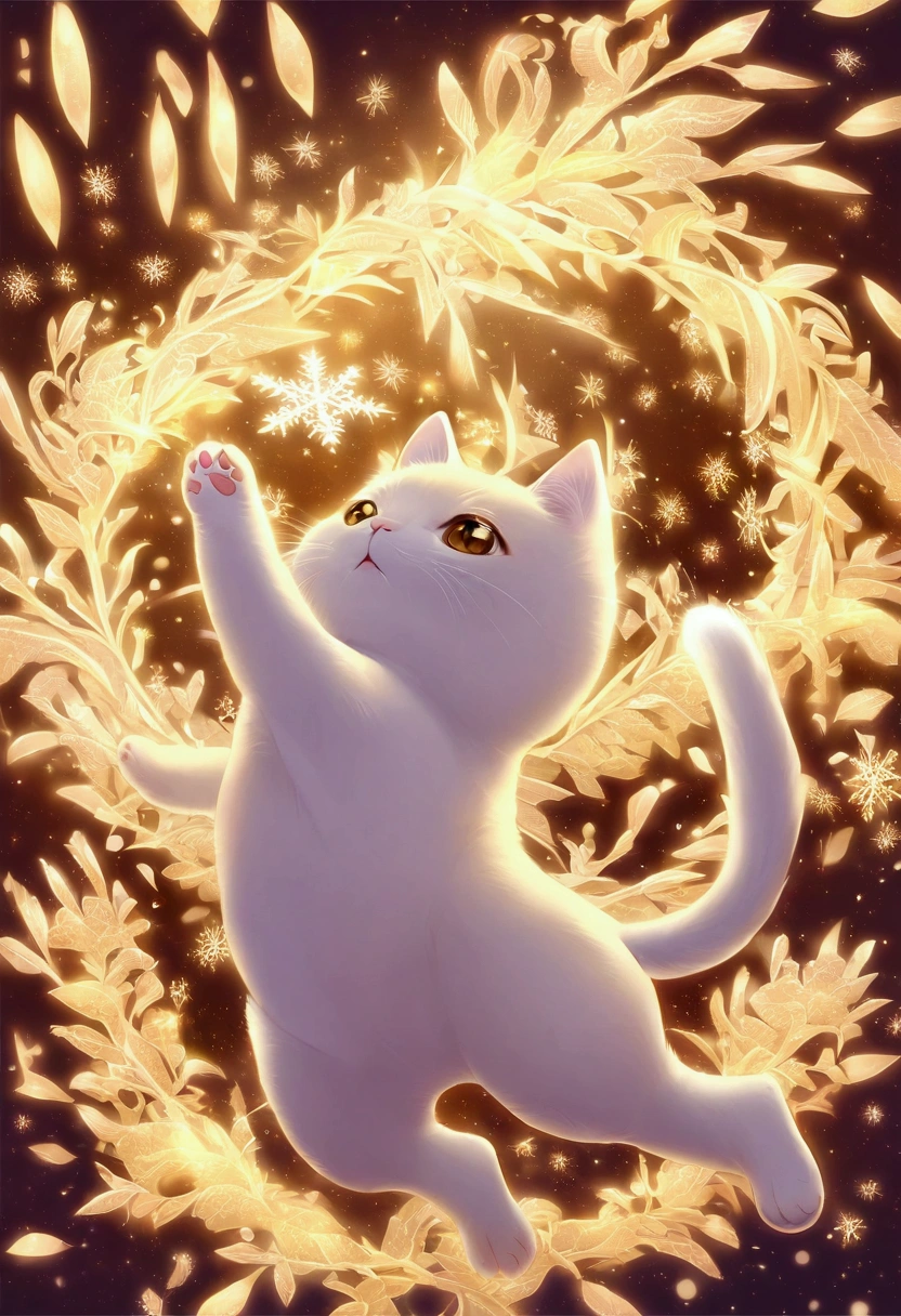 Golden snowflakes are falling, a cat is jumping desperately to catch them, and a cat is confused when they disappear as soon as it reaches its hand. This is a cute, dream-like illustration art, ultra detailed, absolutely resolution, masterpiece