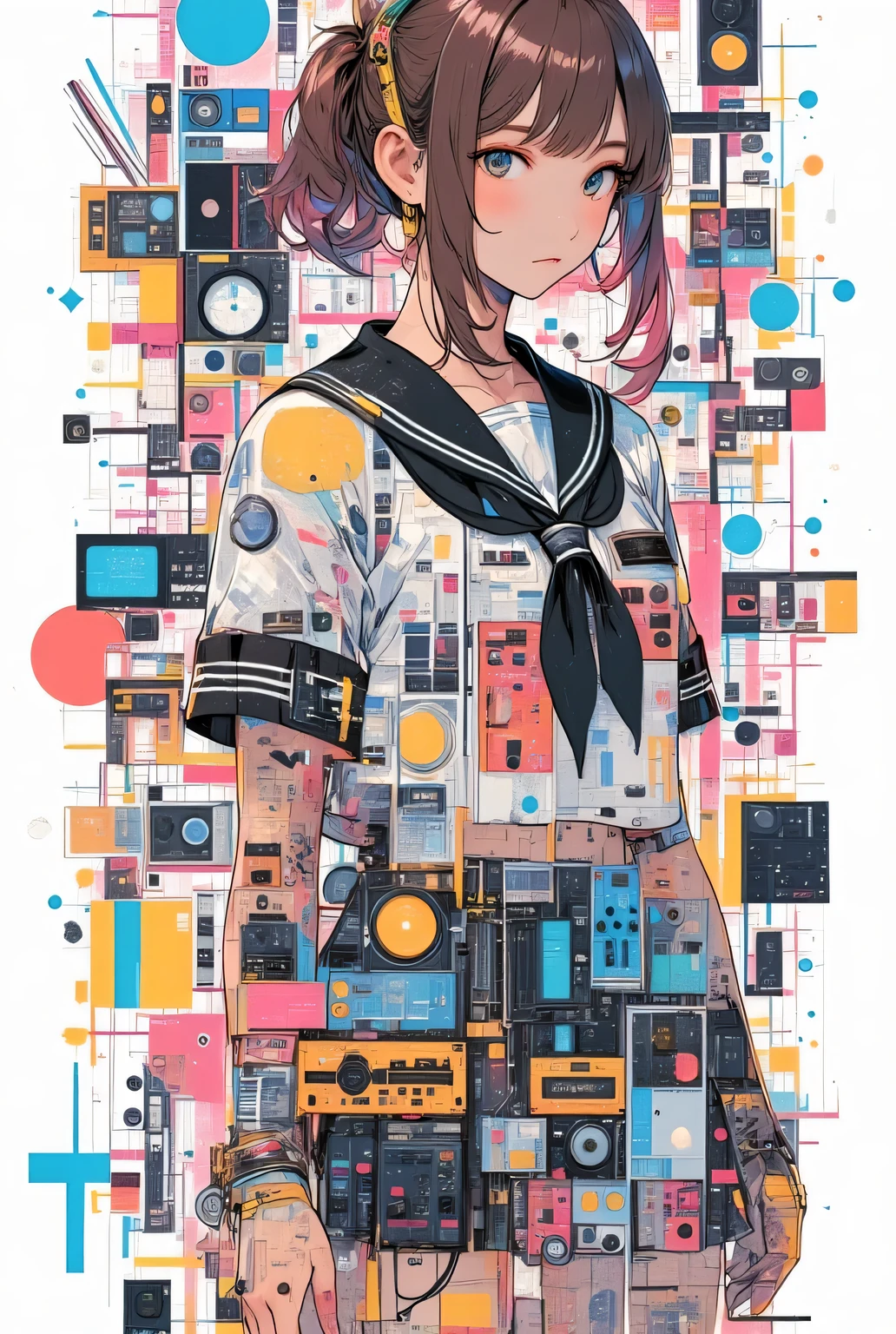  Famous Tokyo Metropolitan High School Sailor Uniform :1.21,  collage art of women wearing short sleeve clothing,  audio equipment inside female silhouettes , Precision instrument collage with complex structure ,  electrical equipment design pattern background , COMPLETE ANATOMY :1.331,  have small heads :1.331, Brown Hair, 