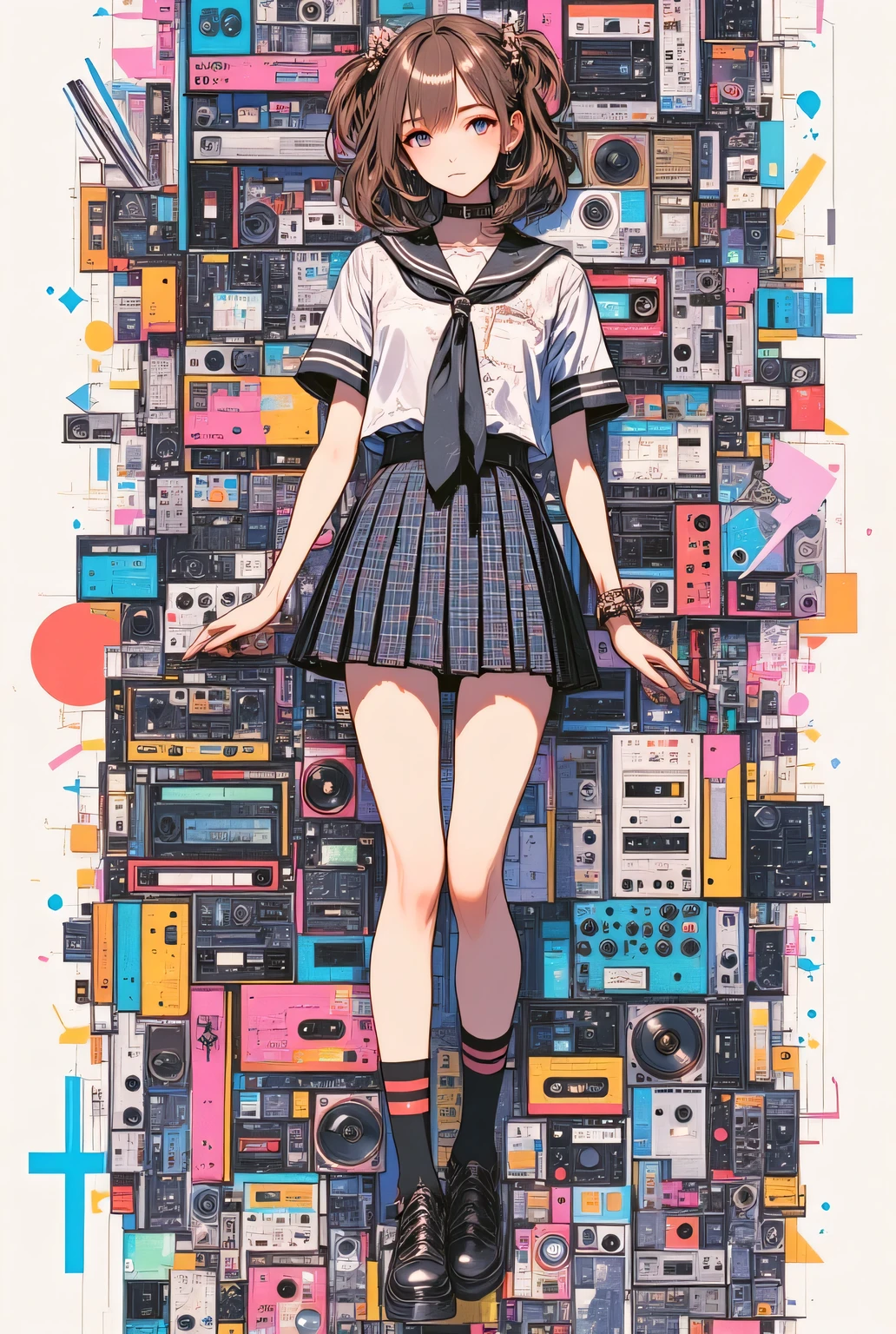  Famous Tokyo Metropolitan High School Sailor Uniform :1.21,  collage art of women wearing short sleeve clothing,  audio equipment inside female silhouettes , Precision instrument collage with complex structure ,  electrical equipment design pattern background , COMPLETE ANATOMY :1.331,  have small heads :1.331, Brown Hair, 