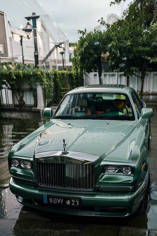 1997 Rolls Royce, green, white stripes, rainy conditions