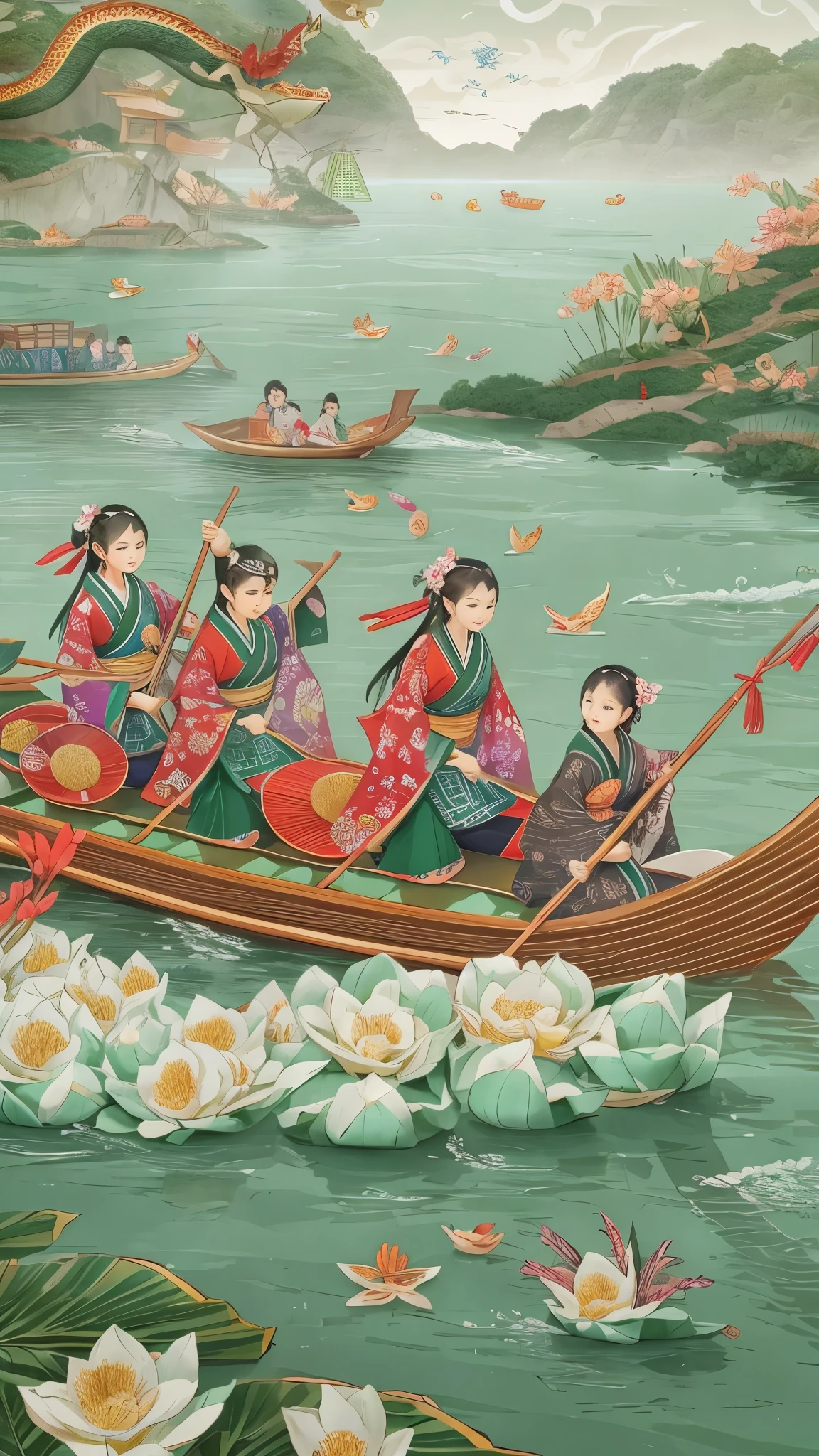  full body high definition image ,Dragon Boat Festival ,  There are 3 ren on the surface of the water wearing kimonos riding a dragon boat,  There are delicious rice dumplings on the boat , green zongzi are  super detailed ,  top quality , There is a red flower on the surface of the water,  super detailed 