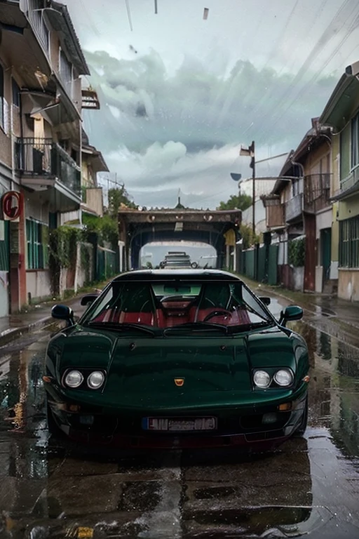 1997 Lamborghini, green, white stripes, rainy conditions