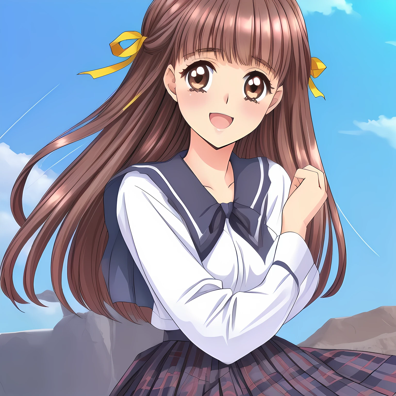 (highest quality, masterpiece: 1.6), (Too beautiful intelligent girls is looking me down and laughing at me with their pretty open mouth, flattering, bending their back deeply, can't stop giggling, Too Beautiful noble 15yo beautiful dancing anime noble heroines, beautiful giggling noble elegant 15yo neat anime heroines wares completely white frilled girly blouse and navy-blue-plaid-school-skirt with metallic luster, inviting me into deep harem of siren and succubi, Noble Elegant uniform: 1.5), (white white white frilled blouse, with pretty shiny large blue-ribbons made of polyester on the breast and sleeves: 1.2), (Anime-heroine's girly noble laughing giggling brown eyes, the eyes shines and has strong effect of allusion to the viewer: 1.6), (Realistic Charming neat dark-navy-blue very-neat well-pleated long dark-blue checkered glossy expensive plaid school skirt made of metallic-luster-blue-wool: 1.6), (sky-blue background with white heart figured clouds: 1.7), (Eyes, face and hair are especially beautifully detailed and beautifully drawn: 1.5), (Girl whom everyone loves because of her beauty and lovely fashion and noble manner and magic-charm like succubus: 1.0), (Very beautiful, wavy, cutely super-super-long straight gorgeous rich dark black hair like hair model, with elegant big yellow hair ribbons: 1.3), (beautiful black hair: 1.5), (Perfect mature body style like a fashion model), (The girl is too much beloved), ((skirt close shot)), ((Light and clearly-detailed well-contrasted neat bewitching too-expensive atmosphere foreground with full of seifuku-fetishism, to invite the viewer to the world of seifuku-fetish eroticism: 1.6)), (black seifuku-fetishism-allusion vortex background)