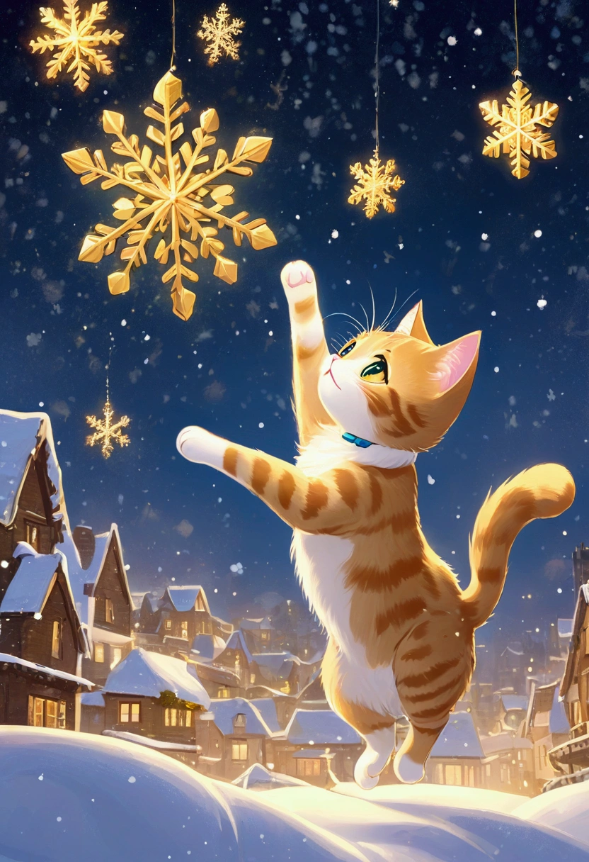 Golden snowflakes are falling, a cat is jumping desperately to catch them, and a cat is confused when they disappear as soon as it reaches its hand. This is a cute, dream-like illustration art, ultra detailed, absolutely resolution, masterpiece