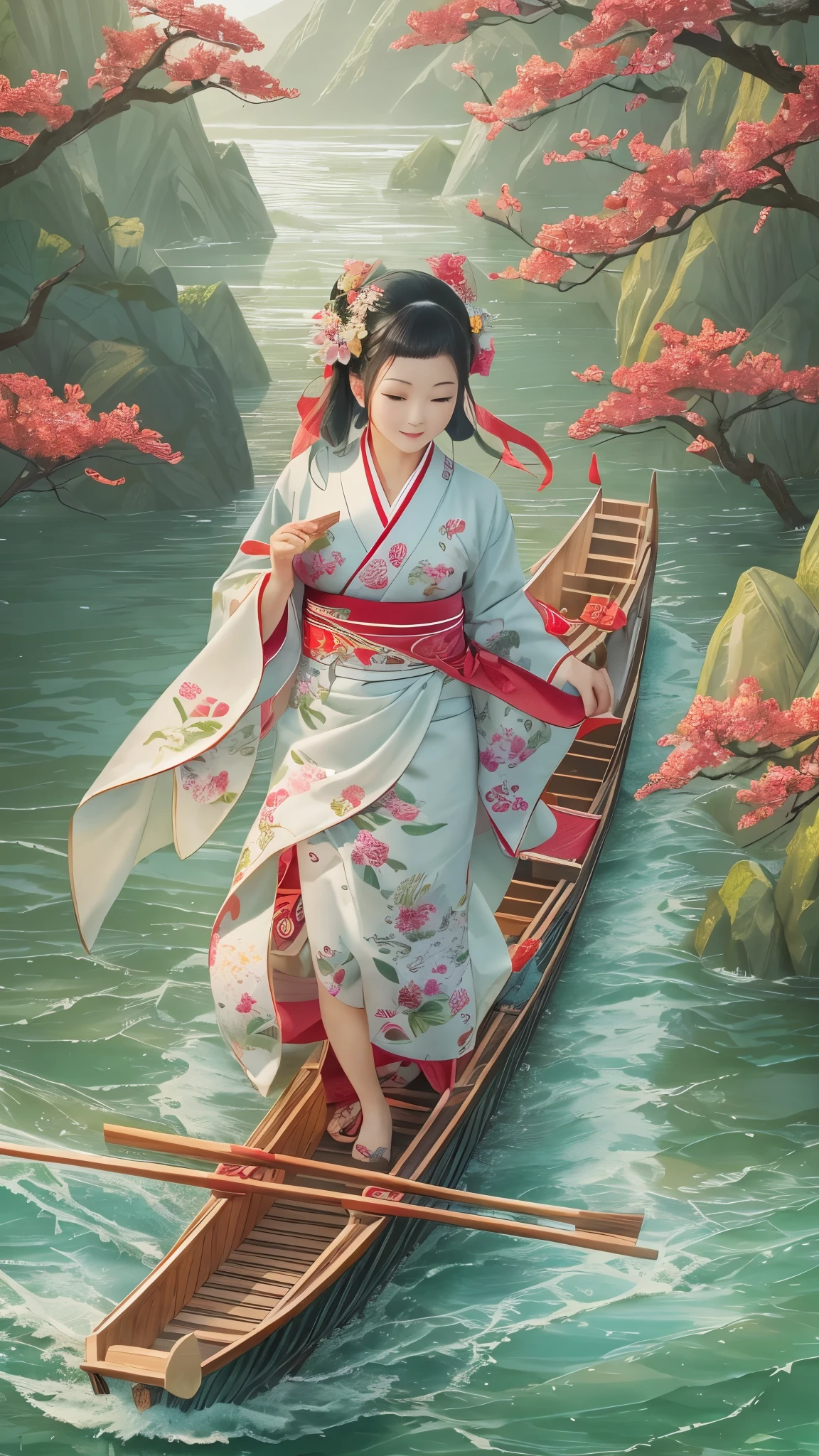  full body high definition image ,Dragon Boat Festival ,  There are 3 ren on the surface of the water wearing kimonos riding a dragon boat,  There are delicious rice dumplings on the boat , green zongzi are  super detailed ,  top quality , There is a red flower on the surface of the water,  super detailed 