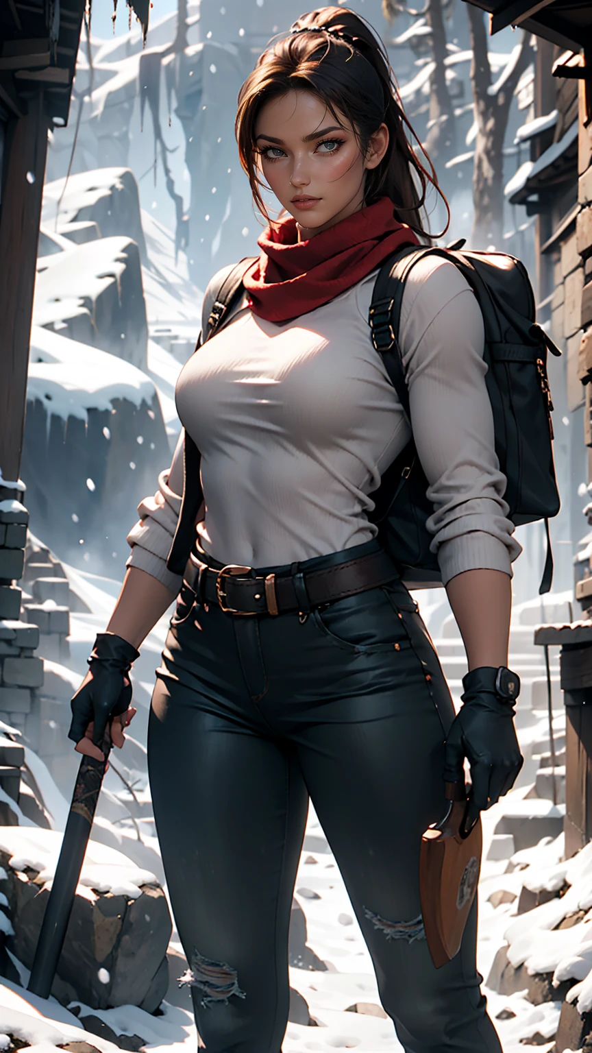 character: A fearless archaeologist and athletic in a cold and challenging environment .
Description: A young and athletic woman with dark brown hair tied in a ponytail . She wears a winter jacket fitted to her body in brown Dark , gray thermal pants and reinforced mountaineering boots . Lara wears padded gloves and has a red scarf partially loosened by the wind . A climbing axe is attached to her belt , along with a compact backpack and holster with a pistol .
scenario: Lara is on a snow-covered mountain , with strong winds lifting ice particles into the air . She is on a narrow cliff , surrounded by slippery rocks covered with snow , with imposing peaks in the background . Snow falls softly , while dark clouds indicate the arrival of a storm . On the horizon, there is a ancient cave entrance carved in stone , partially blocked by ice .
Actions and emotions : Lara is in a climbing position , with one hand holding an axe stuck in ice and the other resting on a rock . Her gaze is fixed on the cave in the distance , expression of determination and caution . Her body transmits tension and skill , while adverse conditions highlight the danger of the situation .
Visual Style: Realistic digital art with precise details in the texture of the snow , equipment and facial expressions . The environment must emphasize the sense of isolation and danger . Avoid anatomical distortions , especially on the hands and face .
lighting : A cold, diffused light illuminates the scenery , with the soft reflection of the snow highlighting Lara . The contrast between the bright white of the snow and the deep shadows of the rocks creates a dramatic and enveloping atmosphere.