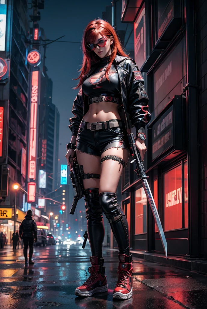 Hannah Hays looklike cyberpunk model of assasin in leather jacket, higheels, flamethrower, fire, tesla lightning gloves as a weapon