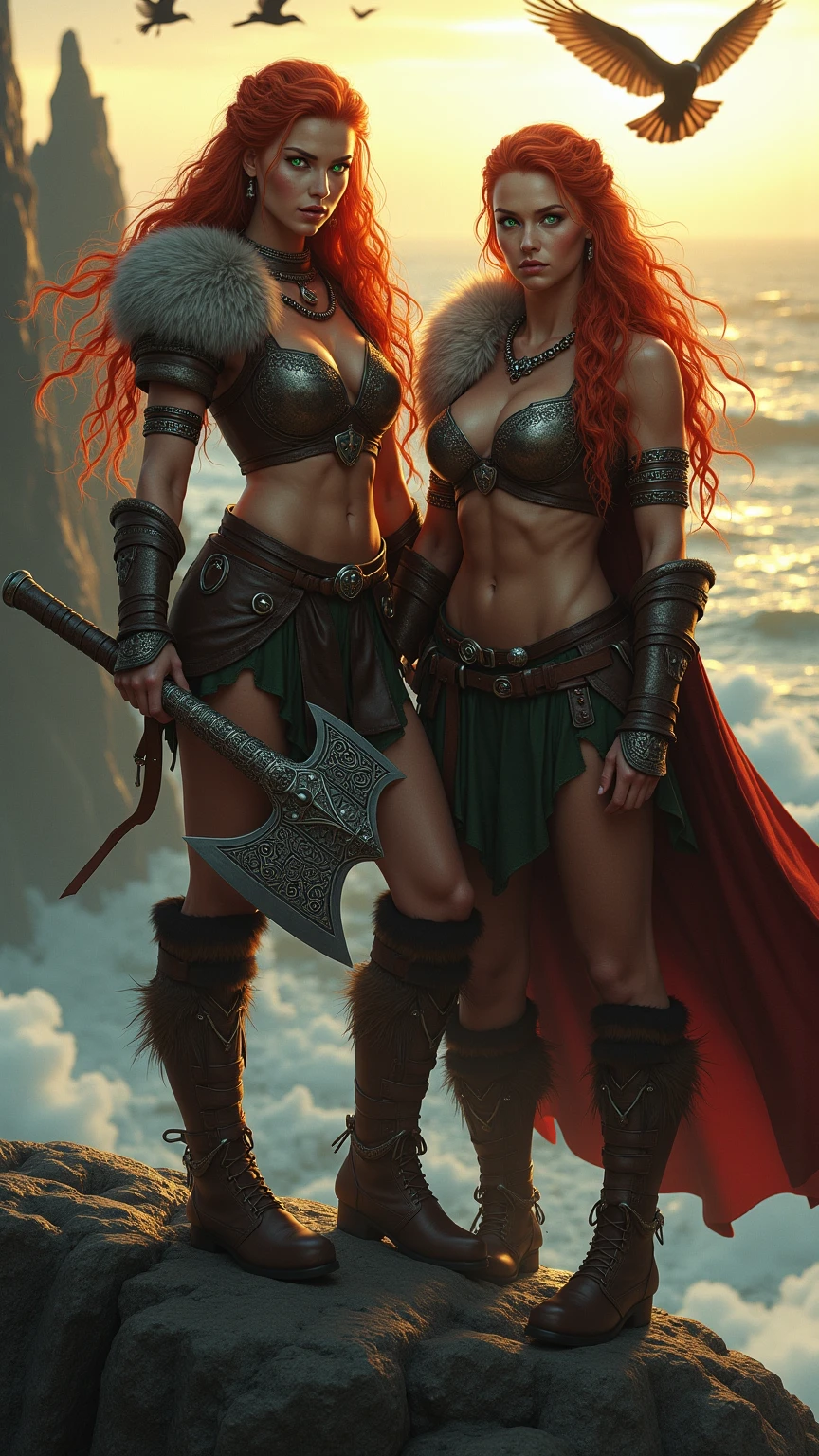 2girls, female barbarians, leather armour, blonde hair, red hair, full body shot, lesbian, romance, clyde caldwell