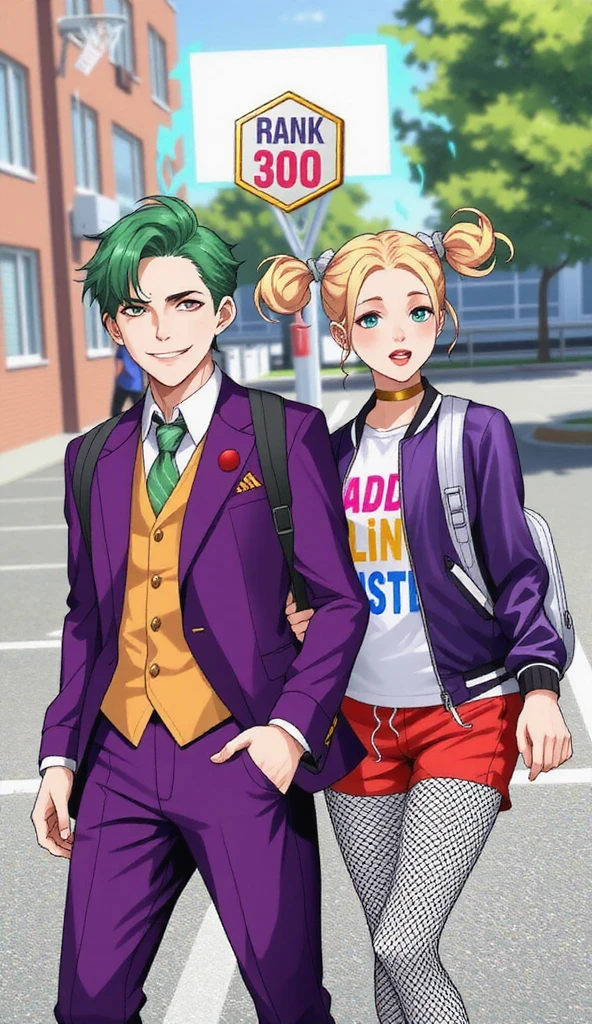 A hyper-realistic and slightly stylized image of two ren cosplaying as the Joker and Harley Quinn, in a modern school playground setting. The Joker-inspired  has messy, natural-looking bright green hair, pale white facial makeup with skin-like texture, a wide red smile painted realistically extending past the lips, and subtle dark smoky eye makeup. They wear a perfectly tailored purple suit with a yellow vest and a white shirt, featuring realistic fabric textures and natural lighting reflections. The Harley Quinn-inspired  has blonde hair in natural-looking pigtails, with one side dyed pink and the other dyed blue, with realistic hair shine and texture. Their makeup is vividly detailed but realistic, with pink and blue eyeshadow applied asymmetrically around each eye, bright red lipstick, and pale foundation. They wear a slightly worn 'Daddy's Lil Monster' t-shirt, a shiny bomber jacket in red and blue, matching shorts with fabric folds, fishnet stockings, and a realistic metallic gold choker. Both characters have backpacks with detailed straps and stitching, fitting the school setting. The background is a realistic schoolyard with a visible basketball hoop and warm sunlight casting natural shadows. The rank badges are floating in the air, positioned far above and entirely outside the bodies of the characters. They should hover noticeably above the space where the characters' heads end, in the empty air above them. The rank badges are designed in a hexagonal shape, featuring bold text that reads 'Rank 300' for the Joker-inspired  and 'Rank 50' for the Harley Quinn-inspired . The badges are surrounded by vibrant, flickering blue flames, with the text and badge border rendered in a metallic, slightly reflective finish. The style of the rank badges is inspired by modern digital game UI elements, with sharp, vivid details and a competitive, polished appearance. The art style emphasizes realism with slight stylization for dramatic effect, capturi