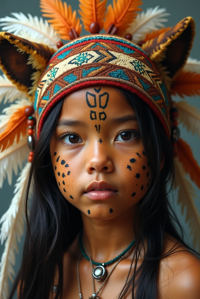 Portrait painting of a native brown baby man with a bone in his nose.Cheveux court avec des locks blond portant un bandeau de peinture sur les yeux .Tribal face tattoo. Avec un collier de dent de requin autour du coup. square face. With a chameleon on his head