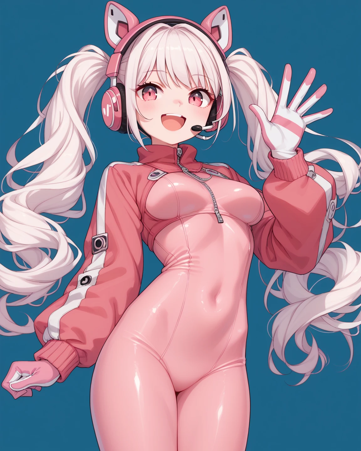 masterpiece,  top quality ,  One girl , Alone, Alice Def,  pink eye, White Hair,  twin tails,  long hair, bangs,  headset,  fake animal ears , animal ear headphones,  shrugs \(clothing\),  Long Sleeve , medium breasts,  pink bodysuit ,  latex bodysuit , multicolor gloves, Pink gloves,  white gloves,  Waving , smile, :d,   open mouth,  Watch viewers,  blue background, ,  covered navel 