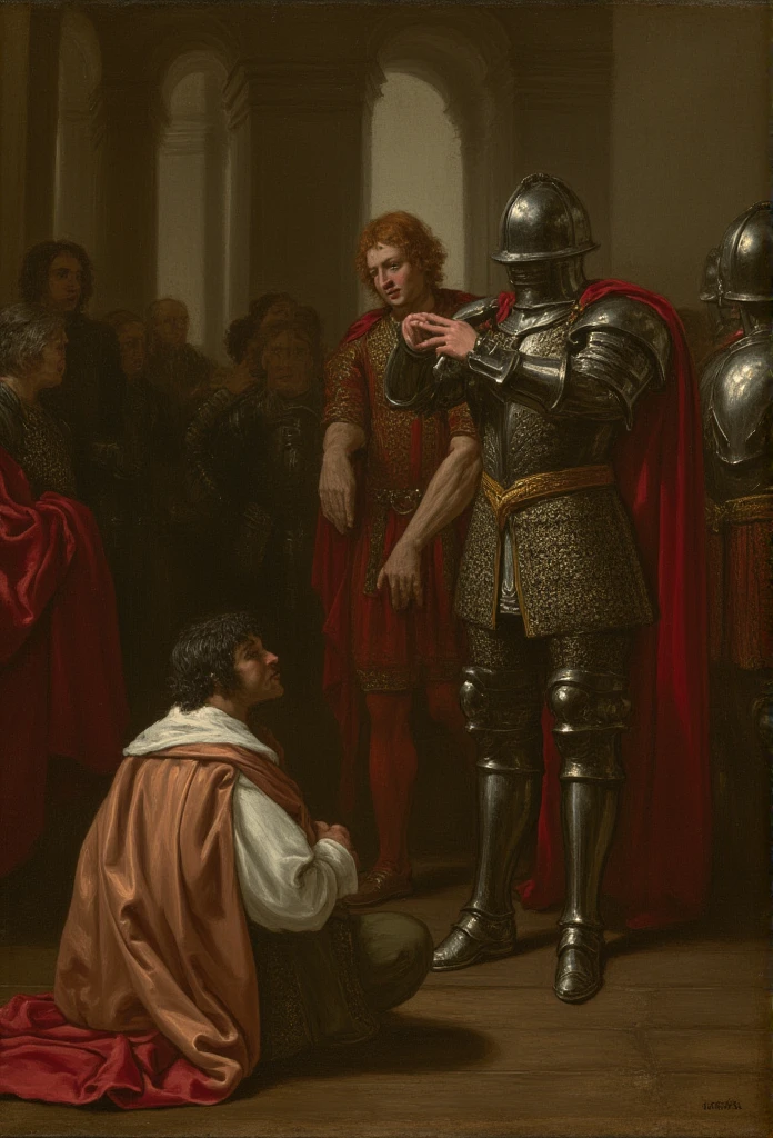  Renaissance painting of A dark red-haired king in a room with knights and a young dark skin man with black hair wearing a silk robe kneeling and holding the edge of the king's cape looking at him asking for mercy.