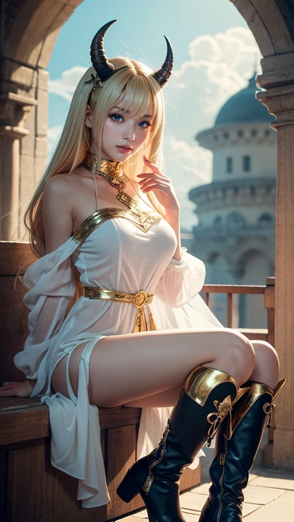 blonde girl wearing a tiara with a setron in her hand sitting on a white throne in a palace