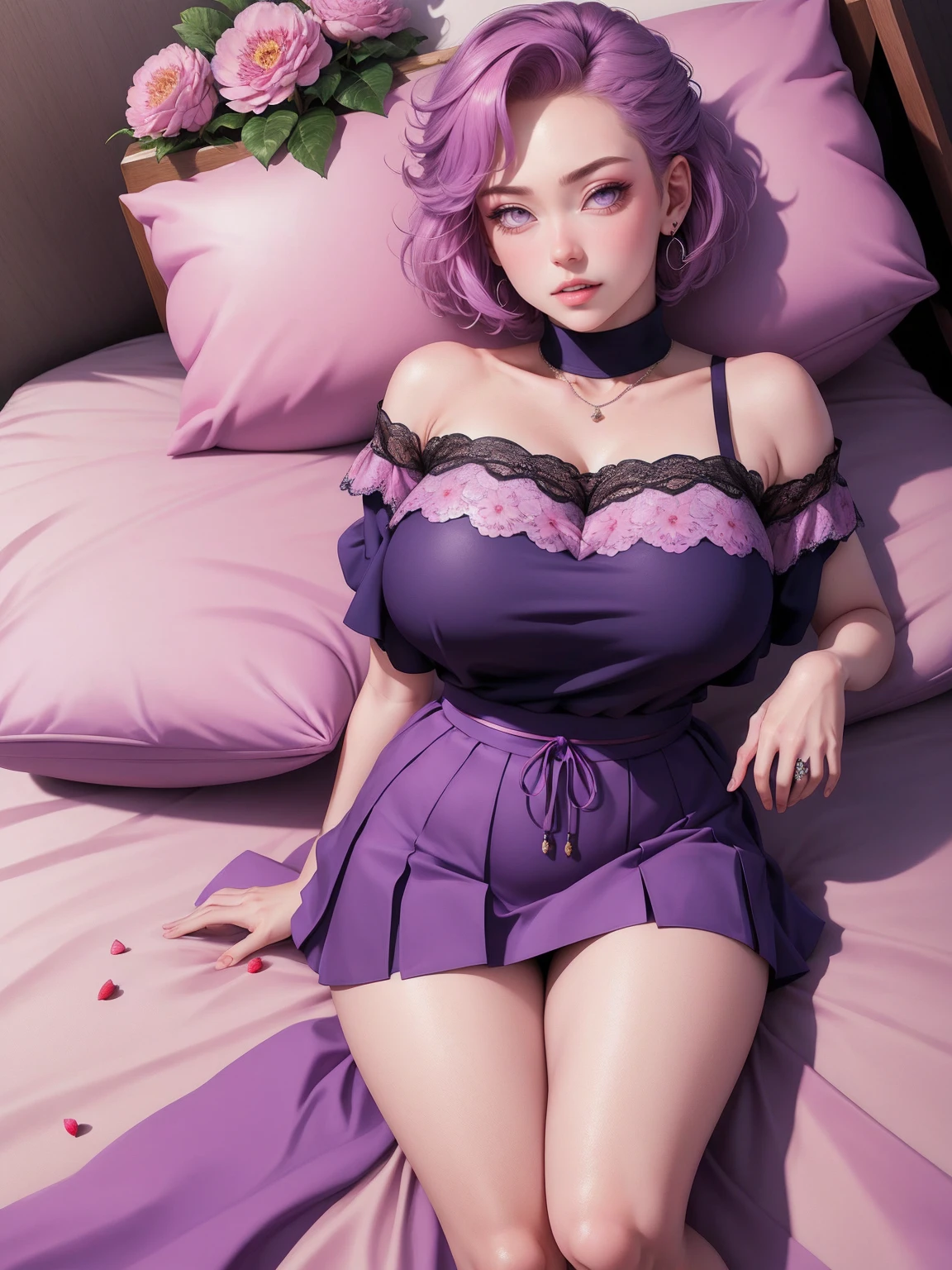 (masterpiece) (huge titusty, masterpiece, absurdres, hinata\(boruto\), 1girl, solo,mature female, off-shoulder bra, high waist short skirt, looking at viewelling petals), perfect composition, detailed lips, big breast, beautiful face, body propotion, blush, (pink lips), short hair, purple eyes, soft gaze, super realistic, detailed, photoshoot, realistic face and body, laying on the bed , lilac eyes, full body, lace clothes, eating strawberry