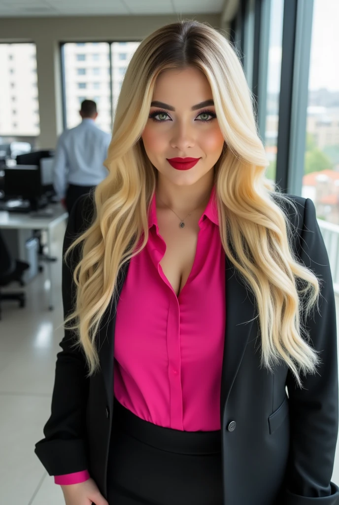 For Instagram, woman, Asian,  Long hair, blonde, curvy skinny,  big boobs,  green eyes, office blouse, office longblouse, pink blouse,  red lipstick makeup , huge ass, longneckline blouse  rosa de cetim, neckline blouse , black jacket, Black skirt,  desk style , secretary boss style Asian blonde.  green eyes, Asian blonde, huge, erotic, Porn