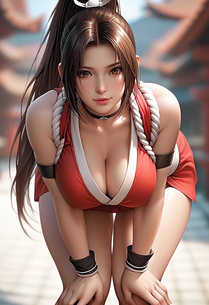 score_9, score_8_up, score_7_up, Girl's profile picture, realistic skin texture, detailed picture, close-up, HD32k, 1girl, solo, long hair, breasts, looking at viewer, large breasts, (extremely soft breasts, breasts apart), brown hair, cleavage, bare shoulders, brown eyes, closed mouth, upper body, ponytail, japanese clothes, sleeveless, choker, blurry, lips, parted bangs, sash, blurry background, high ponytail, rope, armband, (leaning forward:1.3), (hands on knees:1.3), ninja, shiranui mai,Painstaking Attention To Details