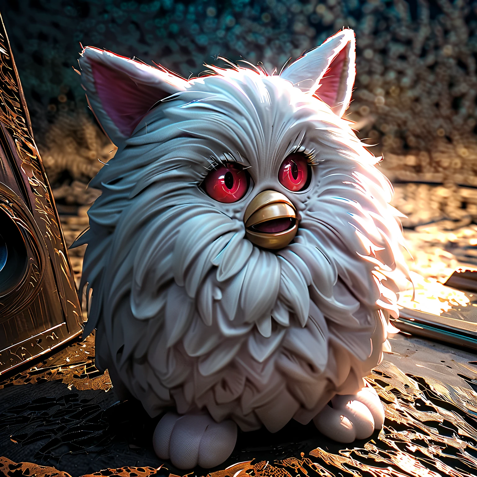 furby,simple background,(realistic:0.5),mad.. BREAK .quality\(8k,wallpaper of extremely detailed CG unit, high resolution, top-quality, top-quality real texture skin, hyper realistic, increase the resolution, RAW photos, best quality, highly detailed, the wallpaper, golden ratio, high saturation realism, vibrant colors, dramatic lighting, persuasive storytelling, atmospheric scenery, captivating visuals, intricate details, strong emotions, dreamlike world\)