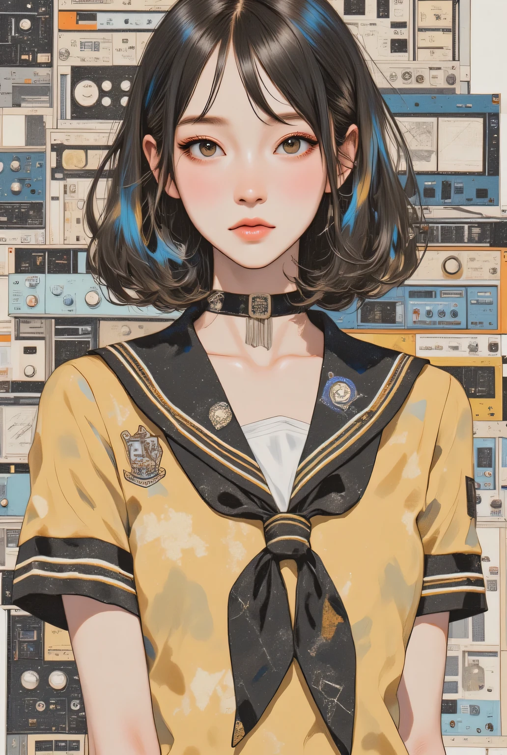 2. woman,  Famous Tokyo Metropolitan High School sailor suit  :1.21,  from the front,  collage art of women wearing short sleeve clothing,  audio equipment inside female silhouettes , Precision instrument collage with complex structure  :1.21,  electrical equipment design pattern background ,  media mix, 