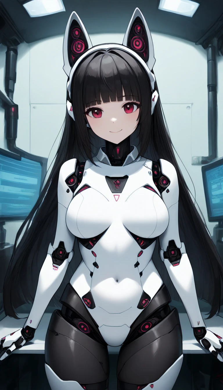 masterpiece, best quality, extremely detailed, (8K, 4K, Best Quality, hight resolution, 超A high resolution:1.1), ,8k portrait, Japaese android Girl,Plump , dark black leg cover,announcer,control panels,android,Droid,Mechanical Hand, Robot arms and legs, Black Robot Parts,Black long hair,Mechanical body,Blunt bangs,perfect mechanical abdomen,White robotics parts,perfect robot woman,future laboratory,cyber pank,charging spot,laboratory,long tube,thick cable connected her neck,white ceramic body ,perfect mechanical body, white robot body,lod antenna,mechanical ear cover,android,robot humanoid,black sponge joints,The removable cover is in the groin,The connection port is in the groin,opened chest panel,access panel on the chest,opened breast panel,perfect mechanical breast,perfect black machine body,perfect black android body,She has repaired,assembly plant,dark black tights,dark black leggings,smile