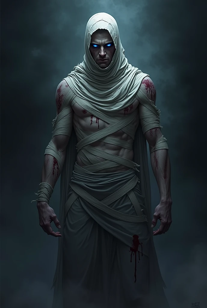 I wish you to create a male Elf wizard with his entire body in a state of deep mummification wearing a white hooded robe., where the belly muscles appear. His pointy ears appear. And he holds a katana. In place of his eyes are two tiny, discreet, luminous white orbs.. Her long blonde hair is now just a remnant.