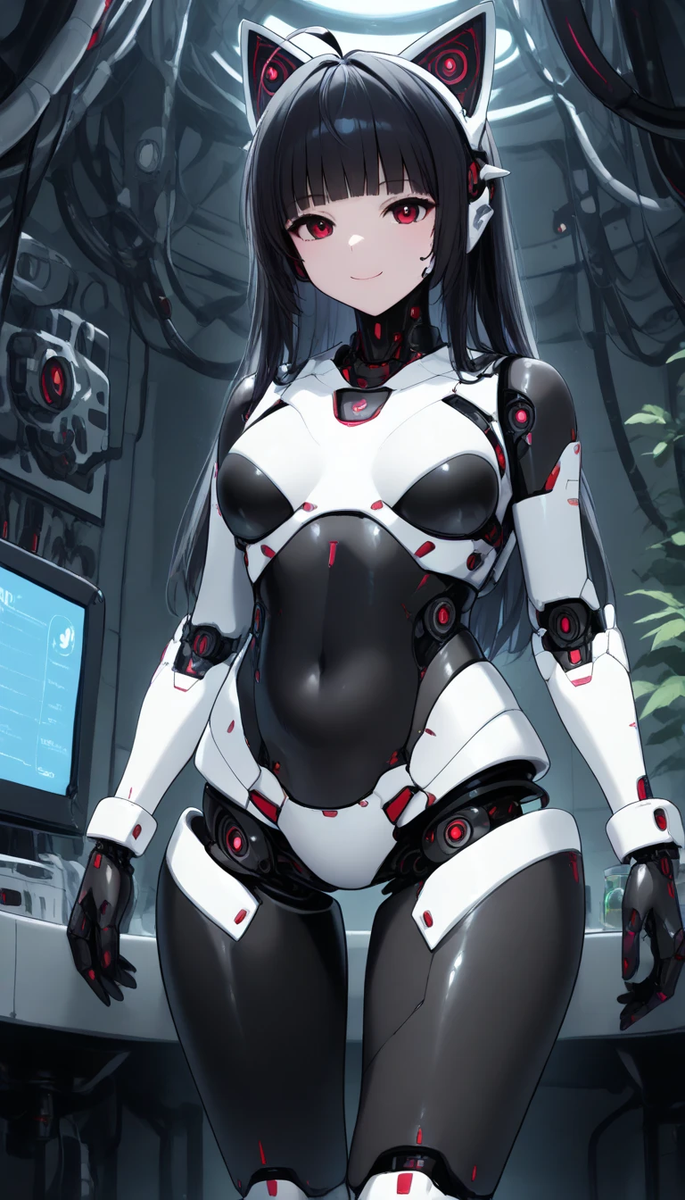 masterpiece, best quality, extremely detailed, (8K, 4K, Best Quality, hight resolution, 超A high resolution:1.1), ,8k portrait, Japaese android Girl,Plump , dark black leg cover,announcer,control panels,android,Droid,Mechanical Hand, Robot arms and legs, Black Robot Parts,Black long hair,Mechanical body,Blunt bangs,perfect mechanical abdomen,White robotics parts,perfect robot woman,future laboratory,cyber pank,charging spot,laboratory,long tube,thick cable connected her neck,white ceramic body ,perfect mechanical body, white robot body,lod antenna,mechanical ear cover,android,robot humanoid,black sponge joints,The removable cover is in the groin,The connection port is in the groin,opened chest panel,access panel on the chest,opened breast panel,perfect mechanical breast,perfect black machine body,perfect black android body,She has repaired,assembly plant,dark black tights,dark black leggings,smile